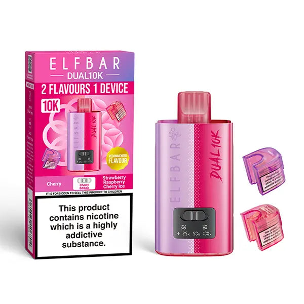 Elf Bar Dual 10K Disposable Kit with dual flavour options Cherry and Strawberry Raspberry Cherry Ice Pods