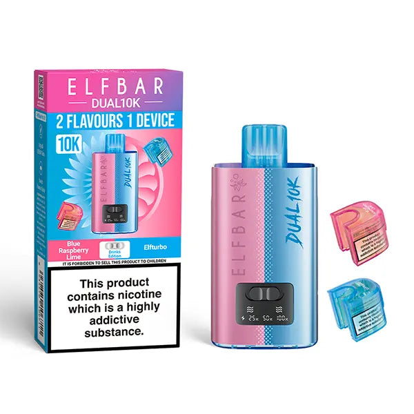 Elf Bar Dual 10K Disposable Kit with dual flavour options Blue Raspberry Lime and Elfturbo pods