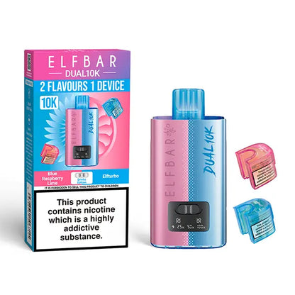 Elf Bar Dual 10K Disposable Kit with dual flavour options Blue Raspberry Lime and Elfturbo pods