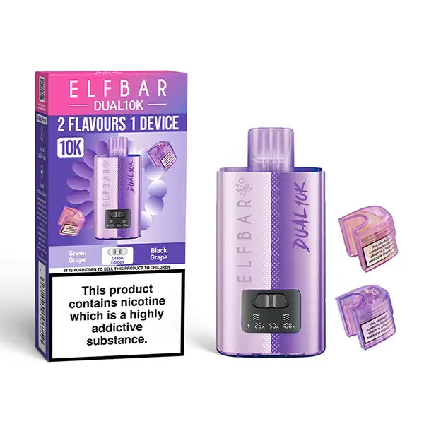 Elf Bar Dual 10K Disposable Kit with dual flavour options Green Grape and Black Grape pods