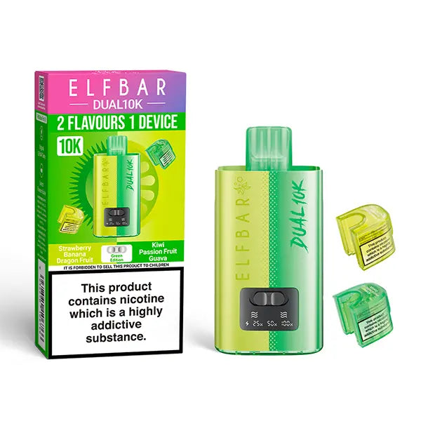 Elf Bar Dual 10K Disposable Kit with dual flavour options Strawberry Banana Dragon Fruit and Kiwi Passion Fruit Guava pods