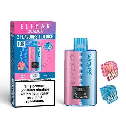 Elf Bar Dual 10K Disposable Kit with dual flavour options Grape Mint and Fruit 66 pods