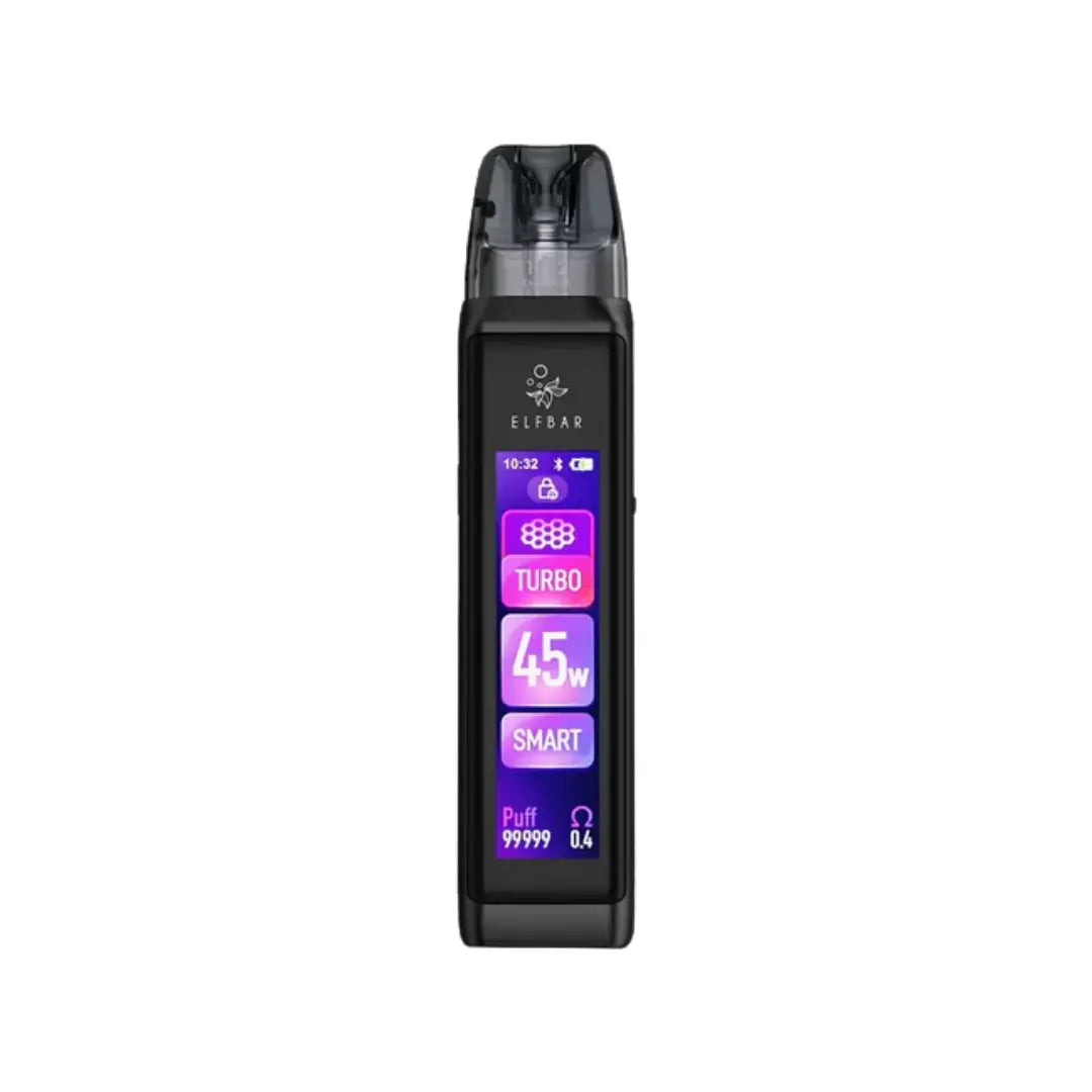 Elf Bar ELFX Ultra Vape Pod Kit in black colour Showing display with 45w max power and displaying other vaping stats