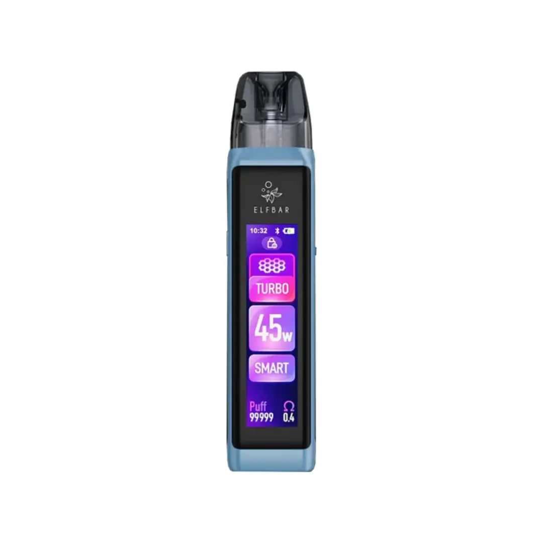 Elf Bar ELFX Ultra Vape Pod Kit in blue colour Showing display with 45w max power and displaying other vaping stats
