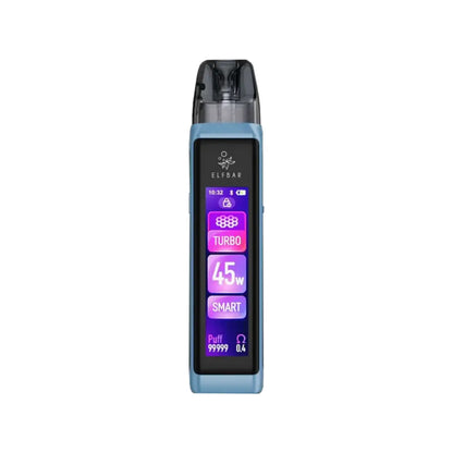 Elf Bar ELFX Ultra Vape Pod Kit in blue colour Showing display with 45w max power and displaying other vaping stats