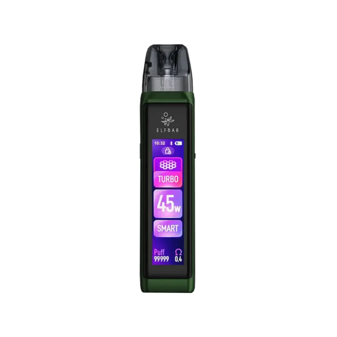 Elf Bar ELFX Ultra Vape Pod Kit in Green colour Showing display with 45w max power and displaying other vaping stats