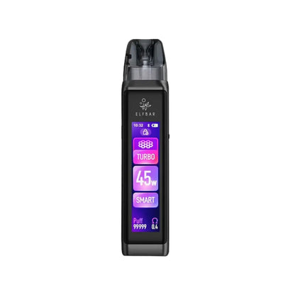 Elf Bar ELFX Ultra Vape Pod Kit in Grey line colour Showing display with 45w max power and displaying other vaping stats