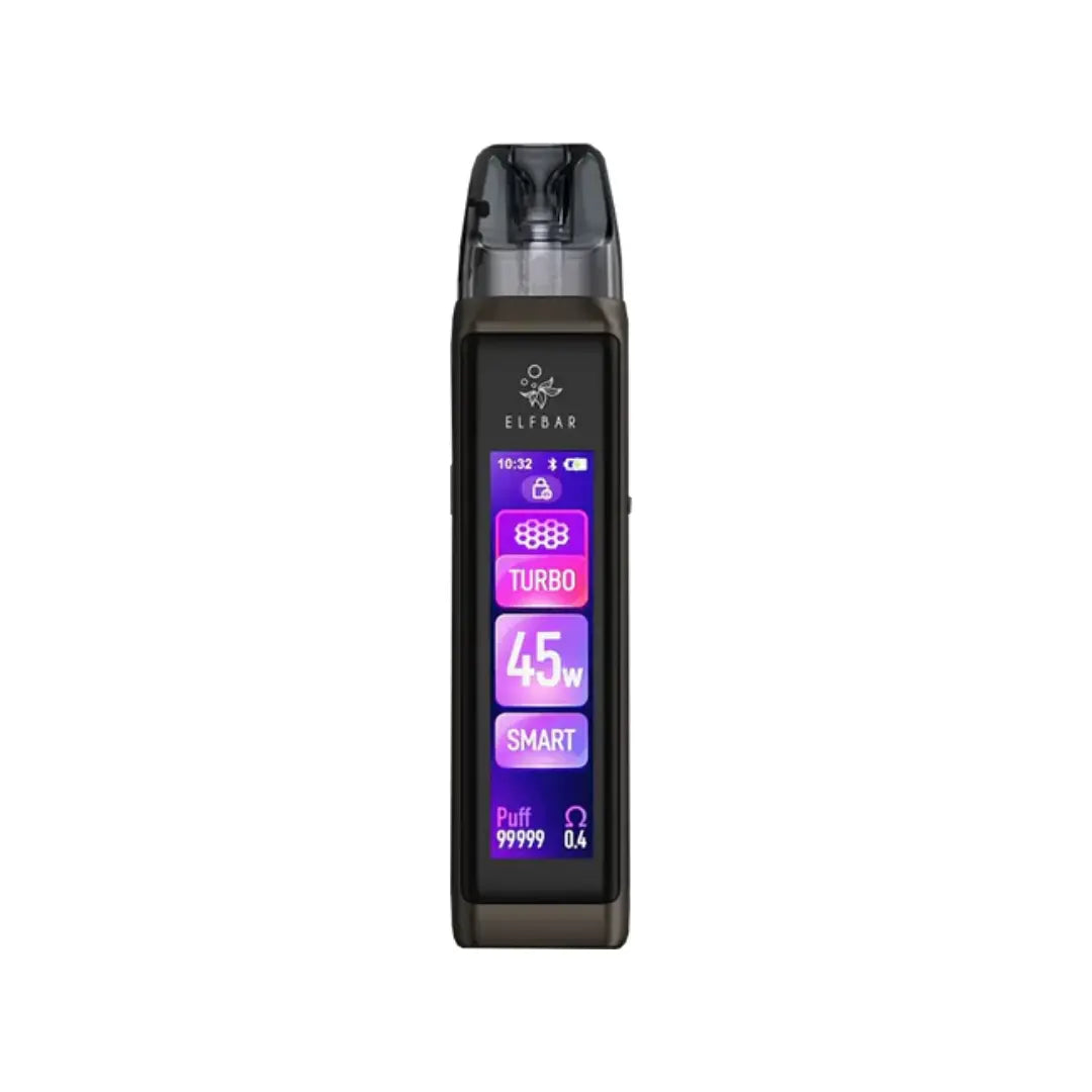 Elf Bar ELFX Ultra Vape Pod Kit in Grey colour Showing display with 45w max power and displaying other vaping stats