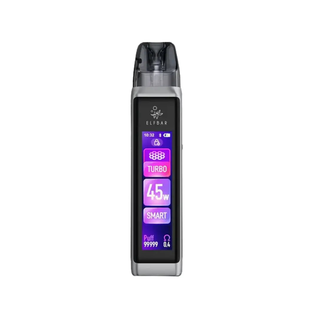 Elf Bar ELFX Ultra Vape Pod Kit in Silver colour Showing display with 45w max power and displaying other vaping stats
