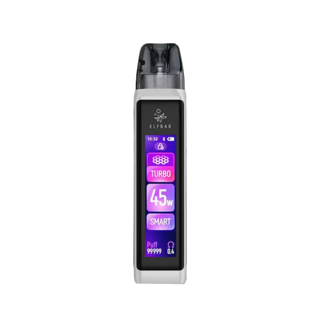 Elf Bar ELFX Ultra Vape Pod Kit in White colour Showing display with 45w max power and displaying other vaping stats