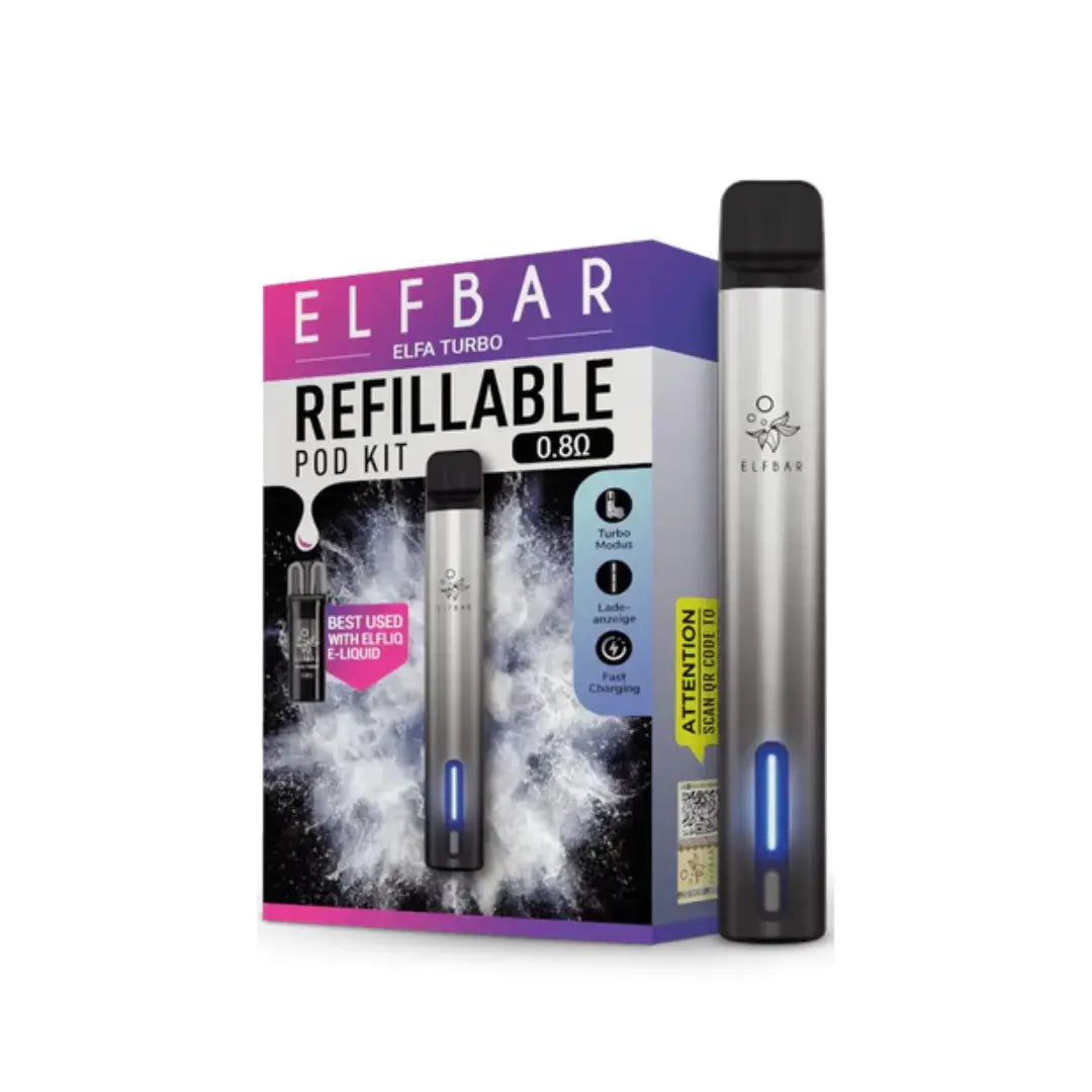 Elf Bar Elfa Turbo Refillable Pod Vape Kit in Aurora Black Colour perfect for nic salt vape juice