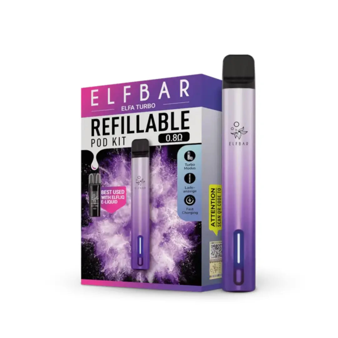 Elf Bar Elfa Turbo Refillable Pod Vape Kit  In Aurora Purple Colour perfect for nic salt vape juice