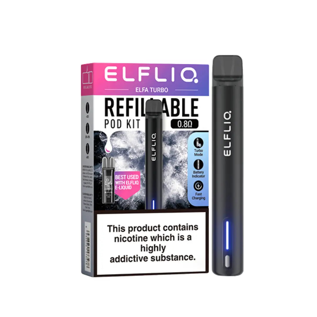 Elf Bar Elfa Turbo Refillable Pod Vape Kit in Black Knight Colour perfect for nic salt vape juice