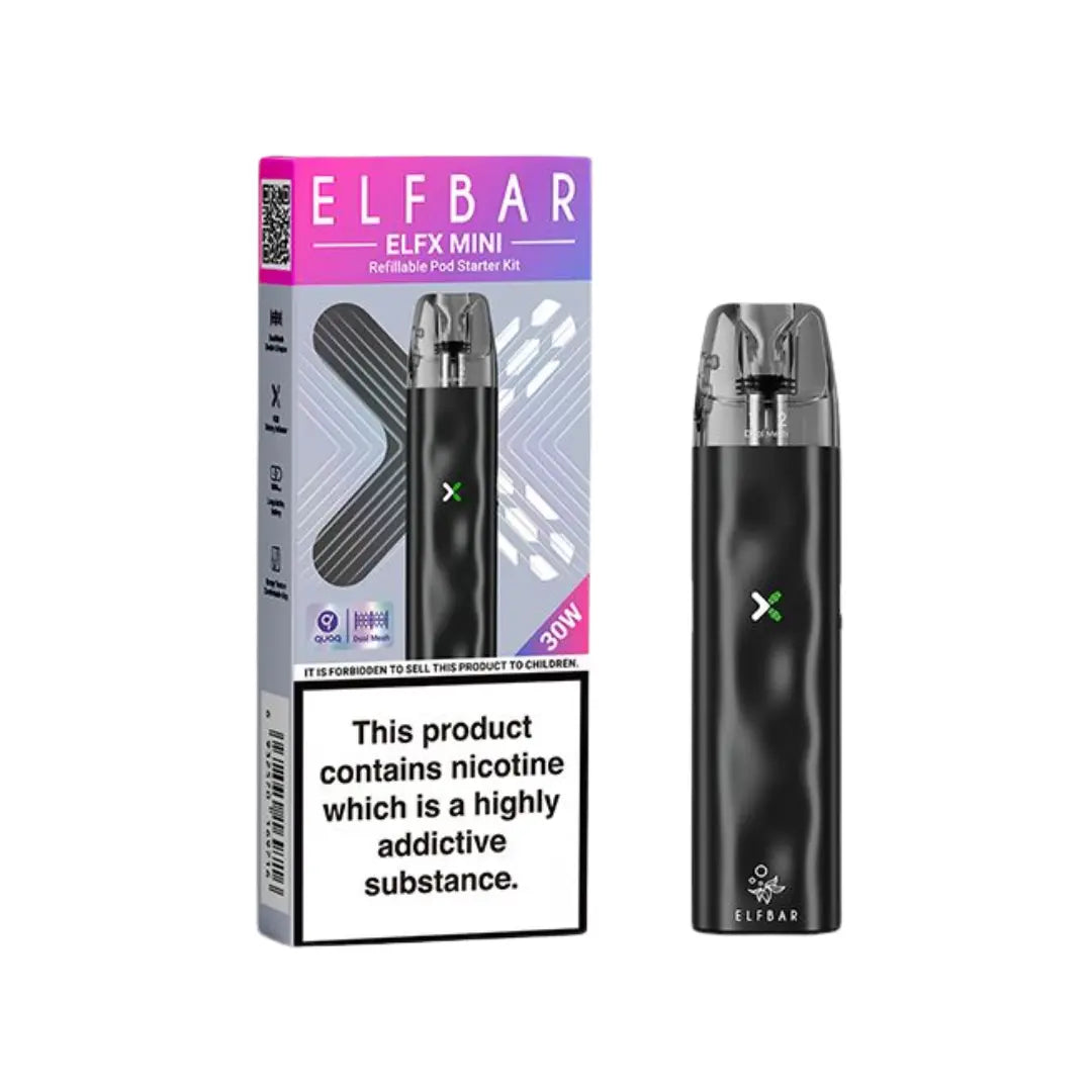 Elf Bar ELFX Mini vaping device 30W refillable pod system in Black with complete starter package