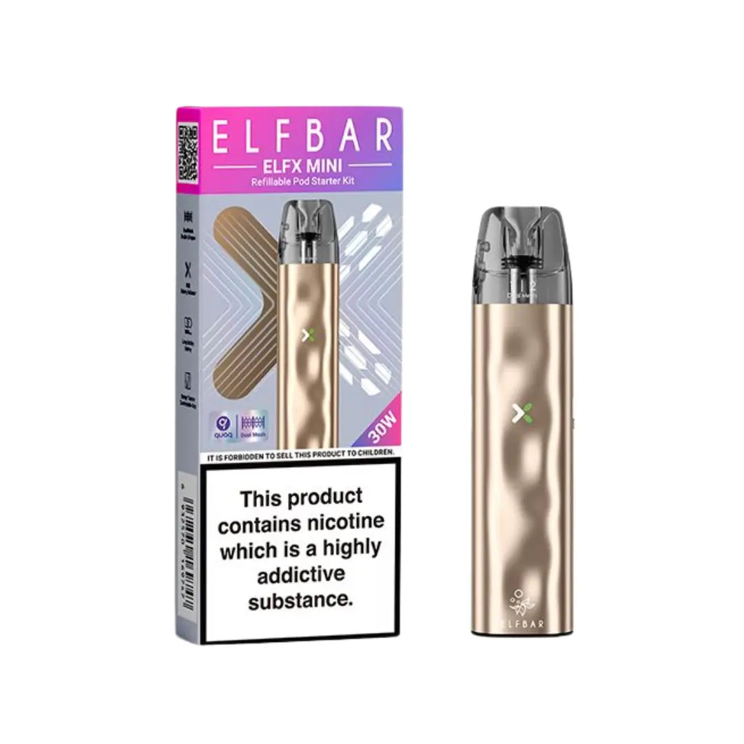 Elf Bar ELFX Mini starter vape 30W Gold refillable pod vape with box and nicotine warning labels