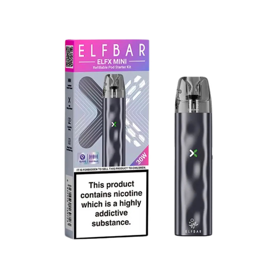 Elf Bar ELFX Mini vape 30W grey refillable pod kit starter package with health compliance