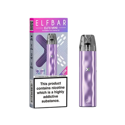 Elf Bar ELFX Mini refillable pod starter kit in Lilac with 30W power, showing device and packaging with nicotine warning label