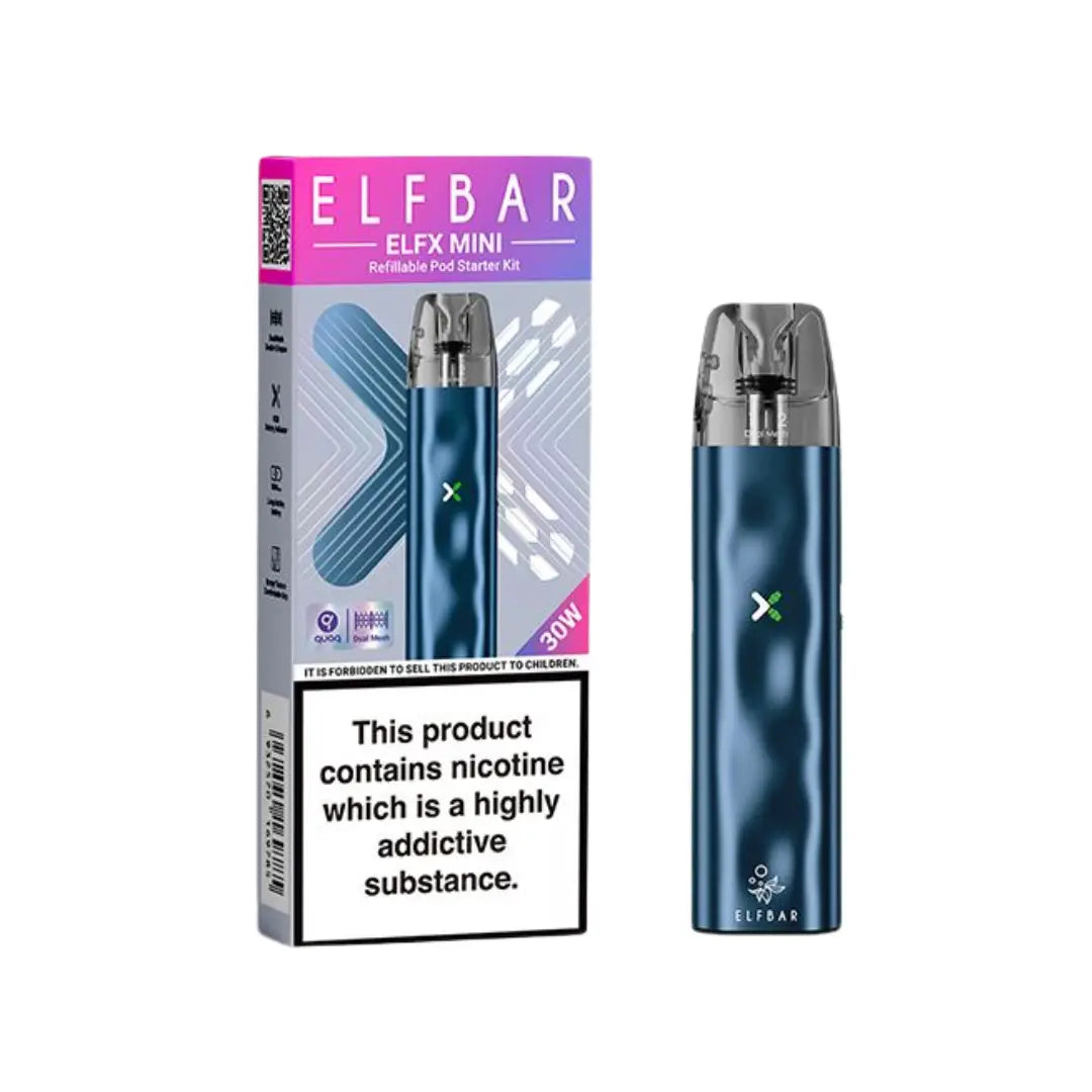  Bar ELFX Mini vape kit 30W Ocean Colour refillable starter set with original packaging and health warnings