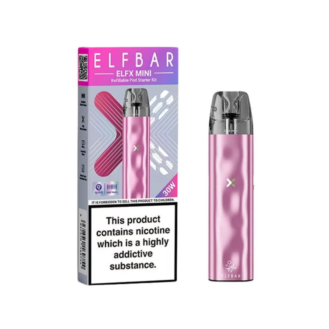 Elf Bar ELFX Mini pod system starter kit 30W refillable vape device in pink with retail box