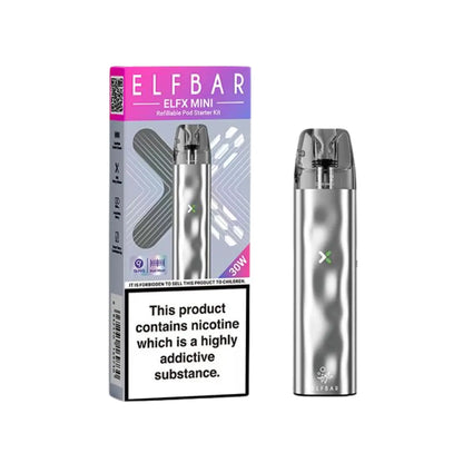 Elf Bar ELFX Mini refillable vape device 30W Silver pod kit with starter accessories and box