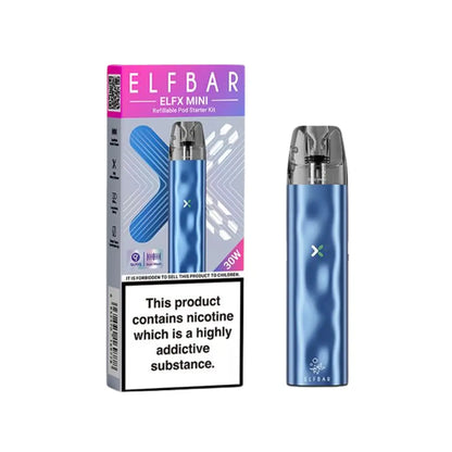 Elf Bar ELFX Mini e-cigarette 30W Sky refillable pod starter kit with UK compliance labelling