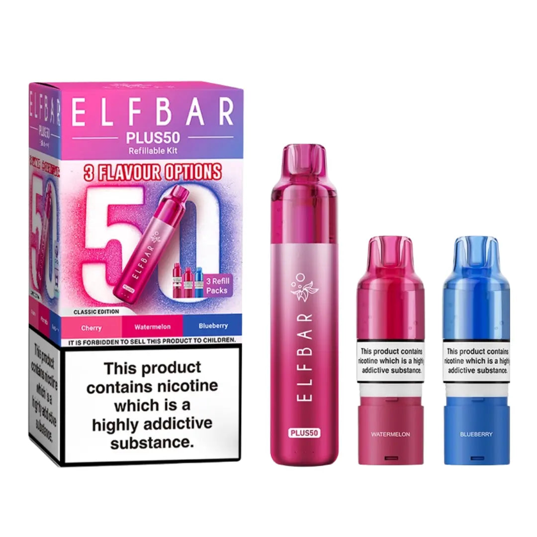 Elf Bar Plus 50 Vape Kit Classic Edition with 3 Refill Packs - Cherry - Watermelon - Blueberry 
