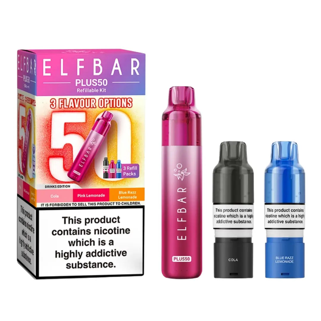 Elf Bar Plus 50 Vape Kit Drinks Edition with 3 Refill Packs - Cola - Pink Lemonade - Blue Razz Lemonade