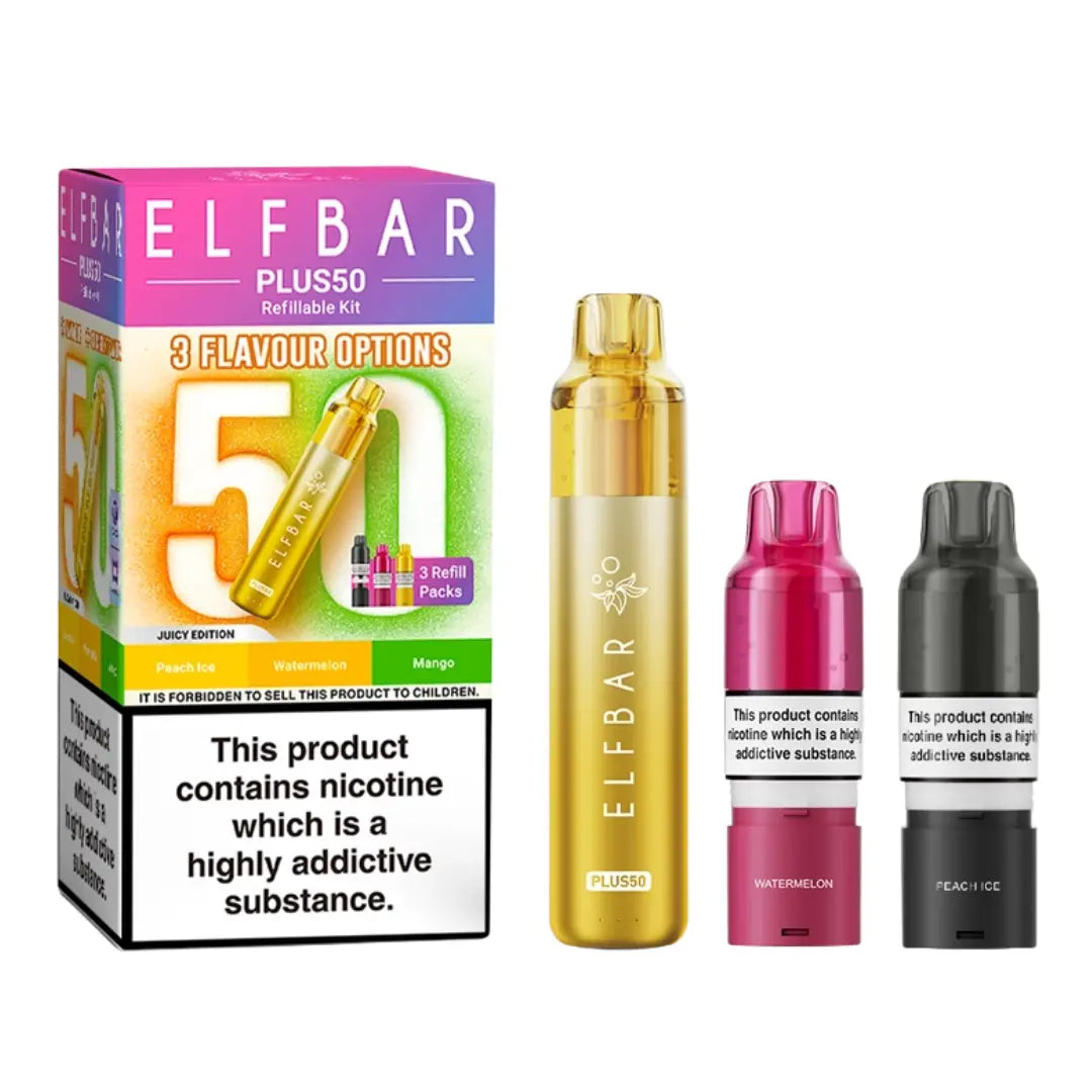 Elf Bar Plus 50 Vape Kit Juicy Edition with 3 Refill Packs - Peach Ice - Watermelon - Mango