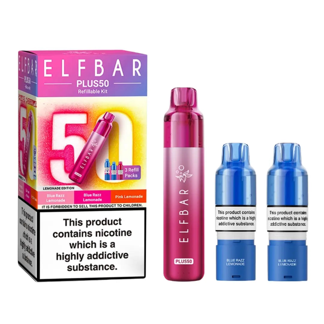 Elf Bar Plus 50 Vape Kit Lemonade Edition with 3 Refill Packs - Blue Razz Lemonade - Blue Razz Lemonade - Pink Lemonade 
