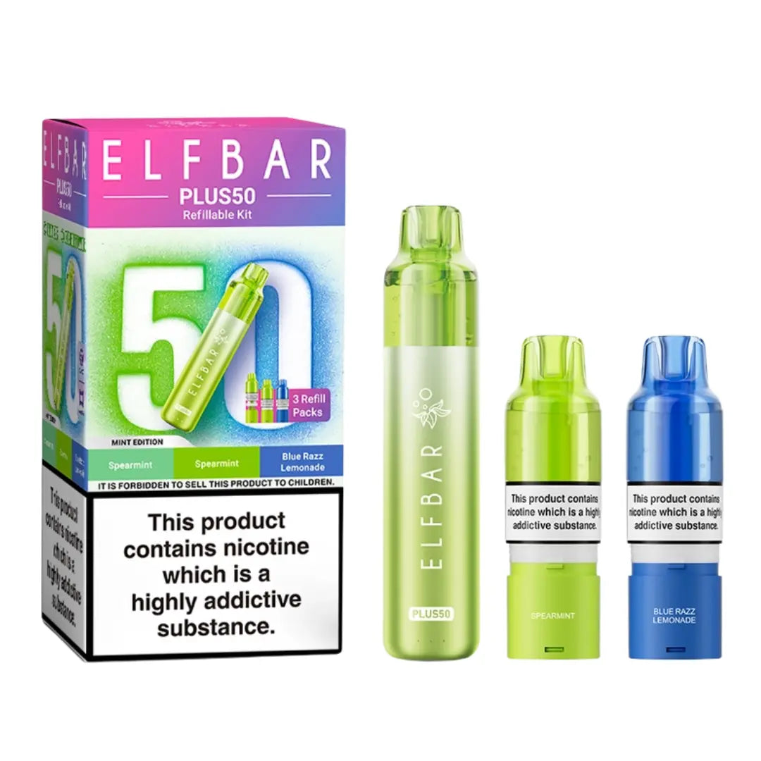 Elf Bar Plus 50 Vape Kit Yellow Edition with 3 Refill Packs - Spearmint - Spearmint - Blue Razz Lemonade