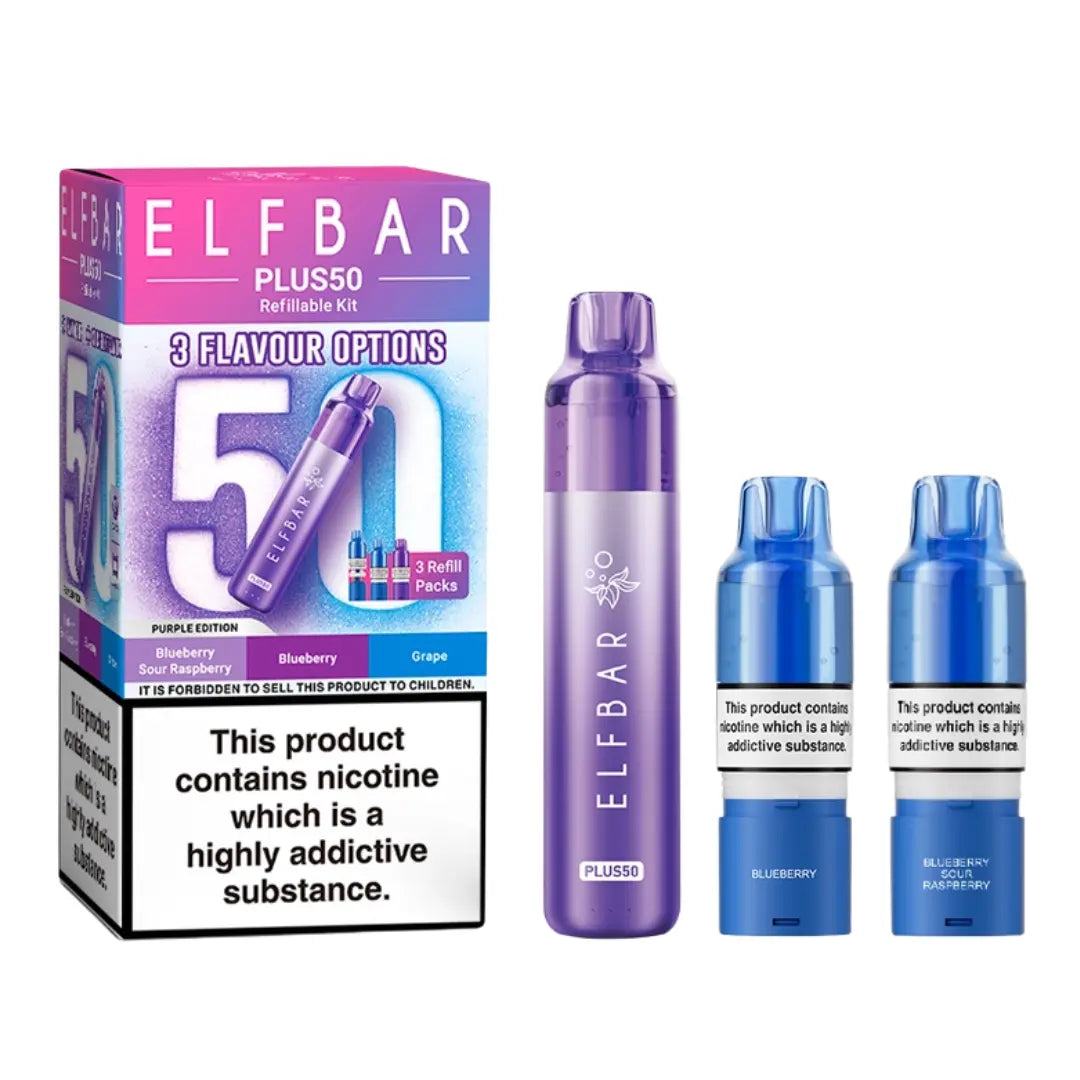 Elf Bar Plus 50 Vape Kit Purple Edition with 3 Refill Packs - Blue Sour Raspberry - Blueberry - Grape