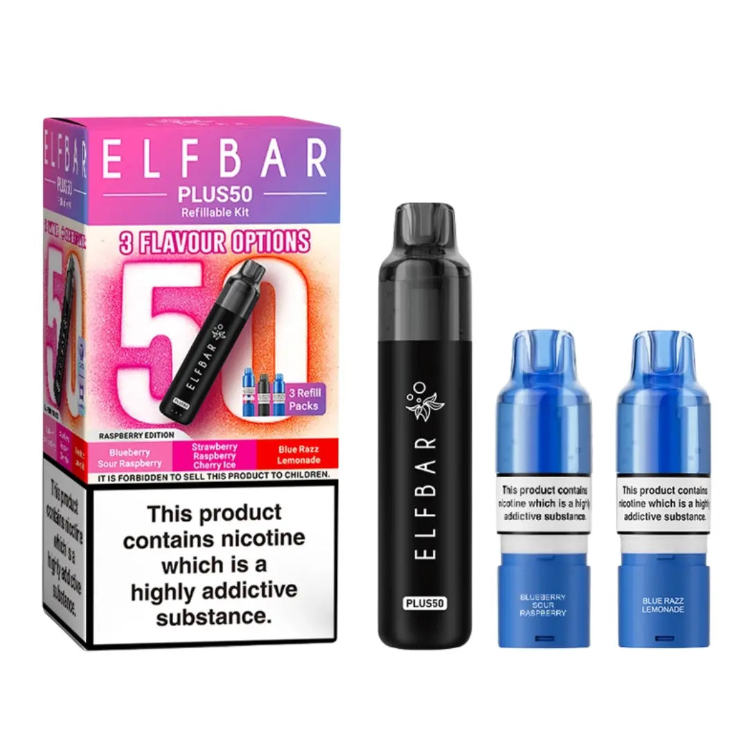 Elf Bar Plus 50 Vape Kit Raspberry  Edition with 3 Refill Packs - Blue Sour Raspberry - Strawberry Raspberry Cherry Ice - Blue Razz Lemonade