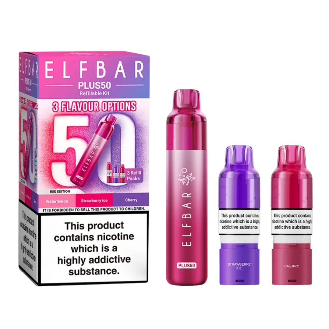 Elf Bar Plus 50 Vape Kit Red Edition with 3 Refill Packs - Watermelon - Strawberry Ice - Cherry