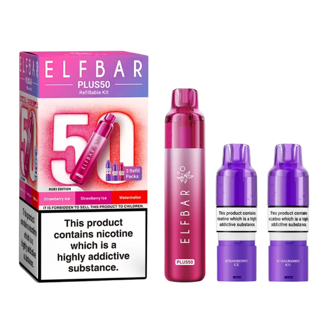 Elf Bar Plus 50 Vape Kit Ruby Edition with 3 Refill Packs - Strawberry Ice - Strawberry Ice - Watermelon