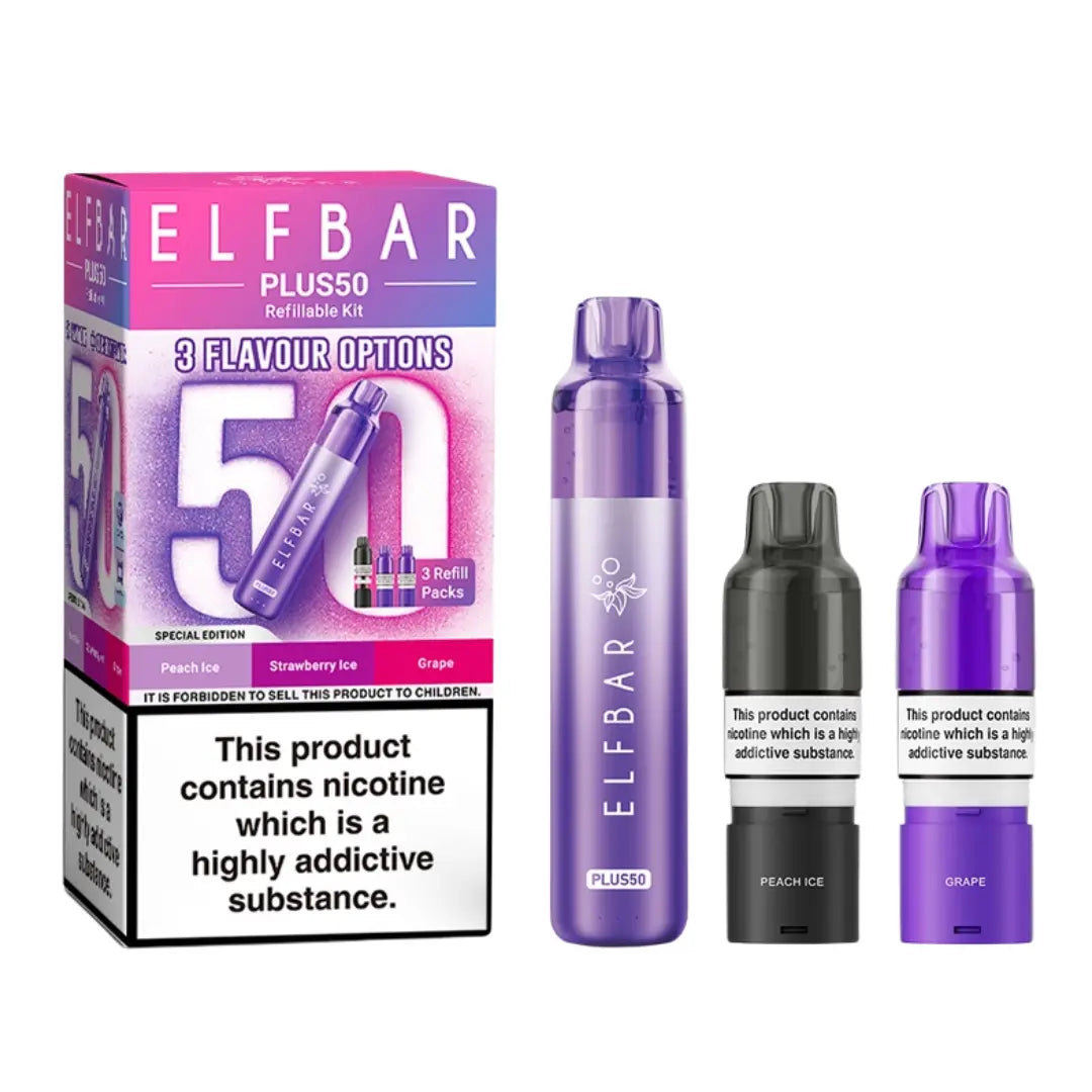 Elf Bar Plus 50 Vape Kit Special Edition with 3 Refill Packs - Peach Ice - Strawberry Kiwi - Grape
