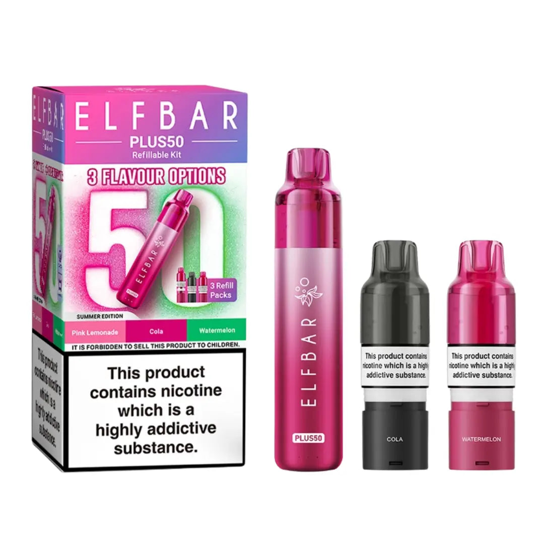 Elf Bar Plus 50 Vape Kit Summer Edition with 3 Refill Packs - Pink Lemonade - Cola - Watermelon