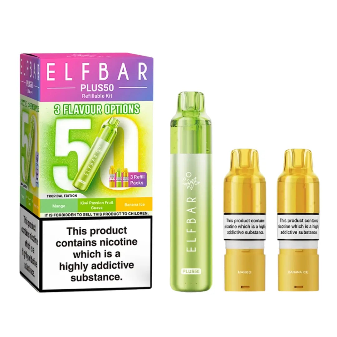 Elf Bar Plus 50 Vape Kit Tropical Edition with 3 Refill Packs - Mango - Kiwi Passion Fruit Guava - Banana Ice