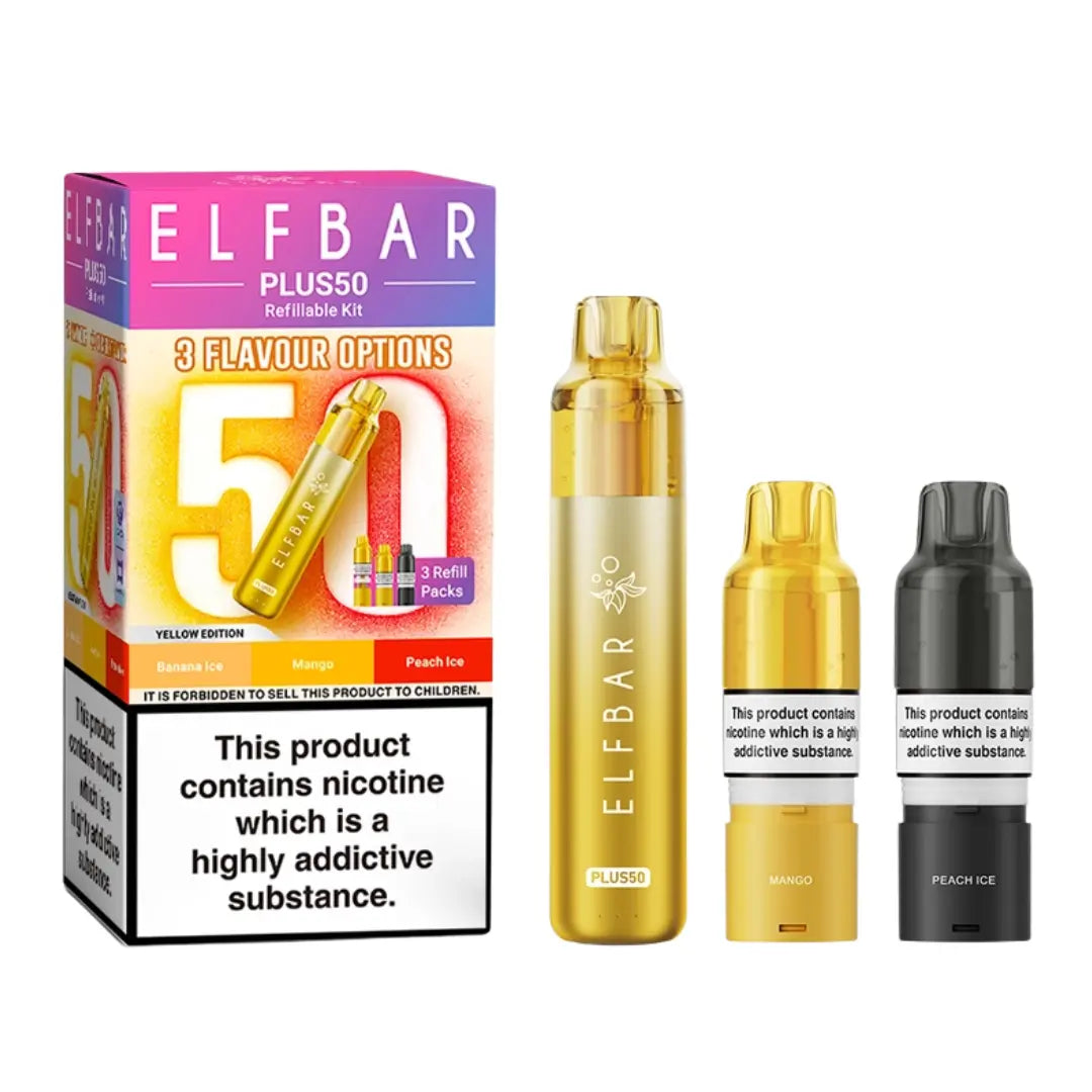 Elf Bar Plus 50 Vape Kit Yellow Edition with 3 Refill Packs - Banana Ice - Mango - Peach Ice 
