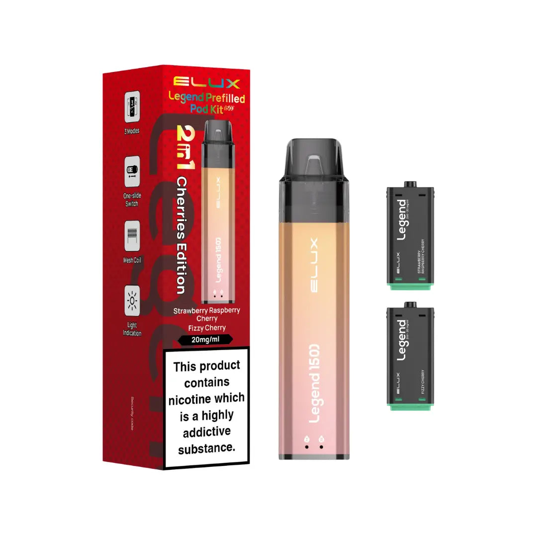 Elux Legend 1500 Prefilled Pod Kit Cherries Edition - Strawberry Raspberry Cherry & Fizzy Cherry Flavours 