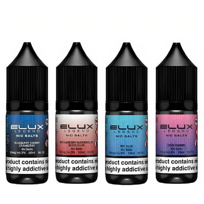 Elux Legend Nic Salt E-Liquid 10ml Box of 10, Blueberry Cherry Cranberry, Strawberry Watermelon Bubblegum, Mr Blue, Fizzy Cherry Flavour