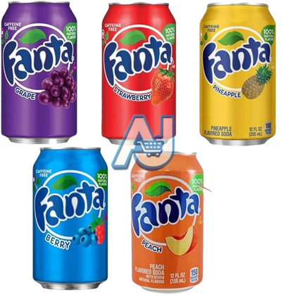 Fanta Soda Cans in Grape, Strawberry, Pineapple, Berry and Peach Flavour