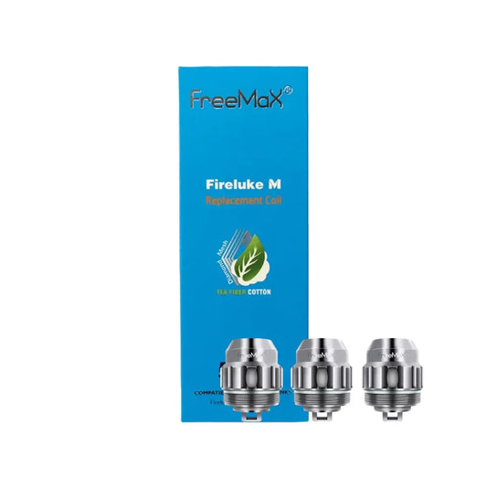 Freemax Fireluke M TX SS316L 0.12 ohm mesh coils in blue packaging, 5-pack blister visible.