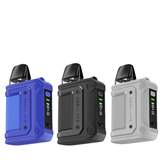Three Geekvape Aegis Hero Q Pod Vape Kits in blue, black, and grey.