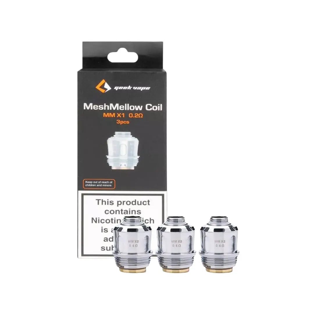 GeekVape MeshMellow box and coils, MM X1 0.2Ω and MM X2 0.4Ω, against a plain background.