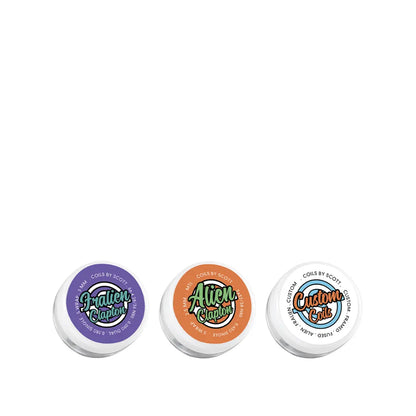 Three tins of handmade vape coils by Scott: Fralien Clapton, Alien Clapton, Custom Coils.