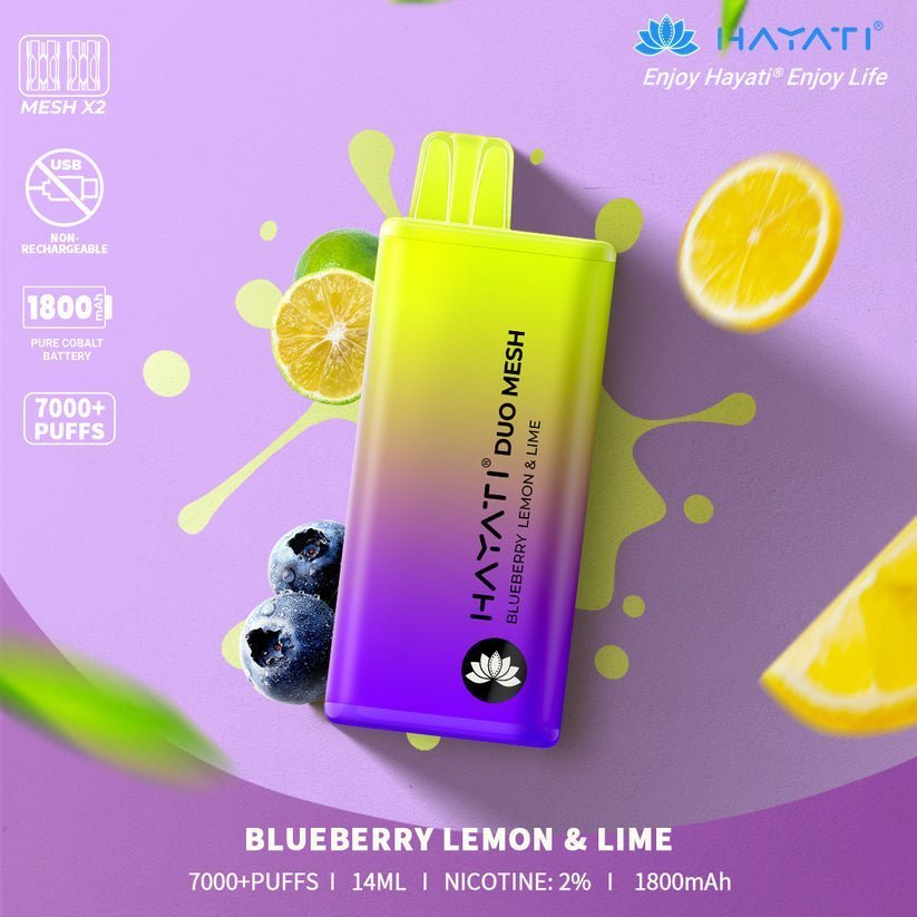 Hayati Duo Mesh 7000 Puff Prefilled Vape Pod Kit Box of 10, Blueberry Lemon Lime Flavour