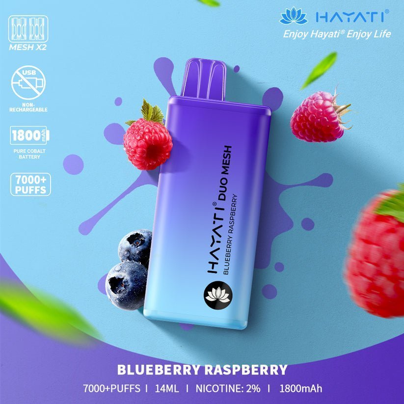 Hayati Duo Mesh 7000 Puff Prefilled Vape Pod Kit Box of 10, BBlueberry Raspberry Flavour