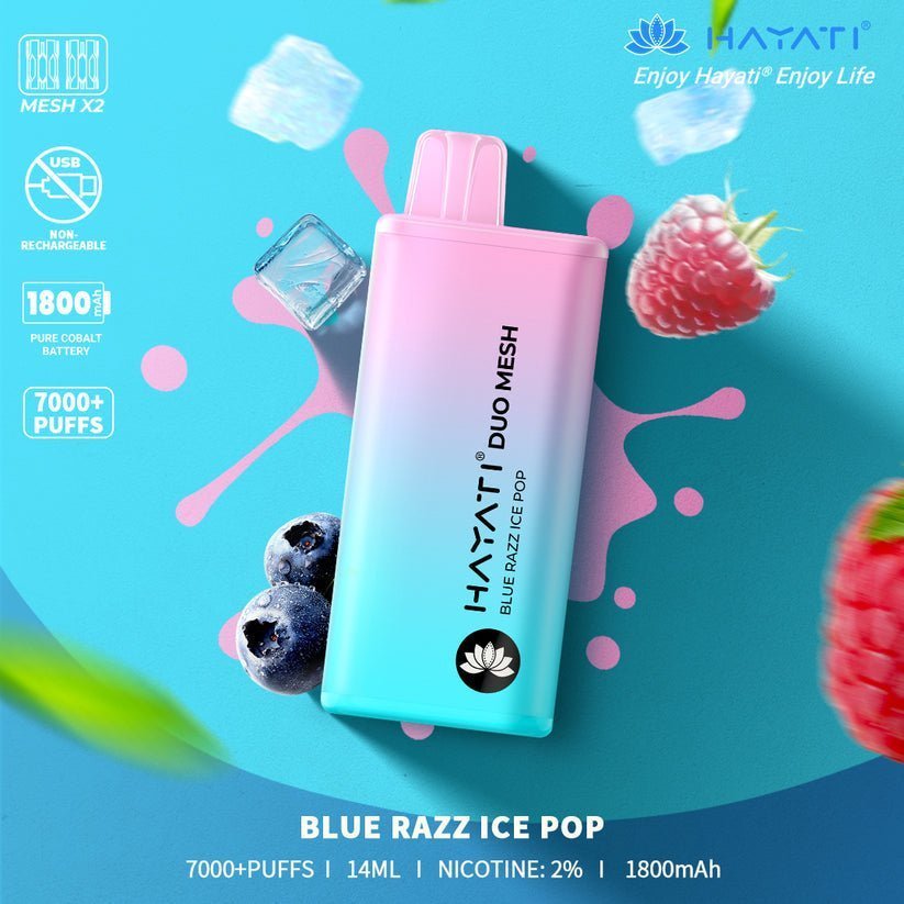 Hayati Duo Mesh 7000 Puff Prefilled Vape Pod Kit Box of 10, Blue Razz Ice Pop Flavour