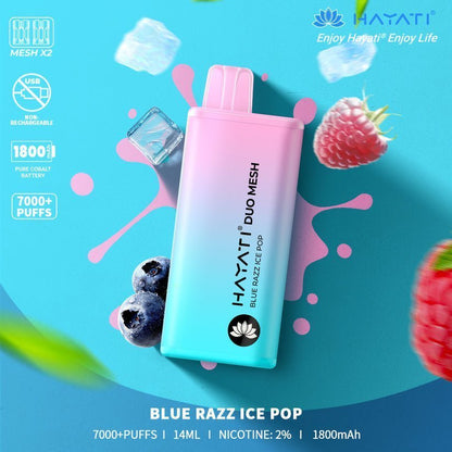 Hayati Duo Mesh 7000 Puff Prefilled Vape Pod Kit Box of 10, Blue Razz Ice Pop Flavour