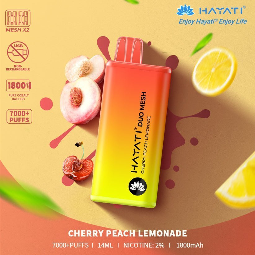 Hayati Duo Mesh 7000 Puff Prefilled Vape Pod Kit Box of 10, Cherry Peach Lemonade Flavour